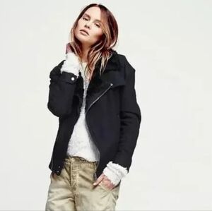 Free People Faux Fur Wool Blend Moto Jacket Coat Size S